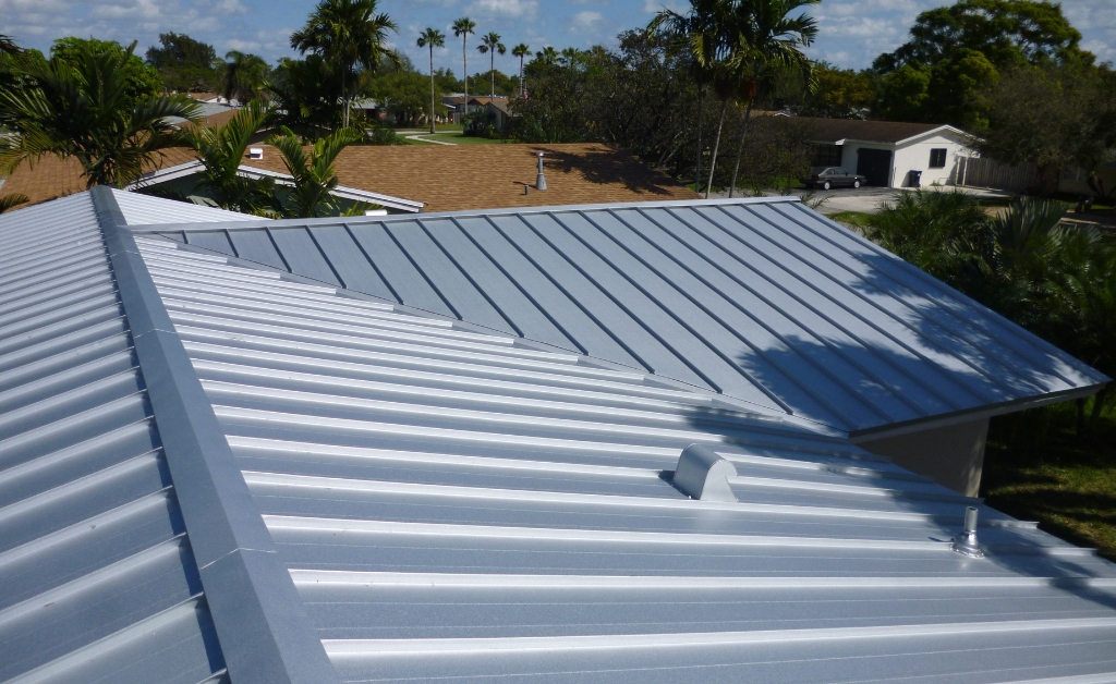 Silver standing-seam metal roof against South Florida palms